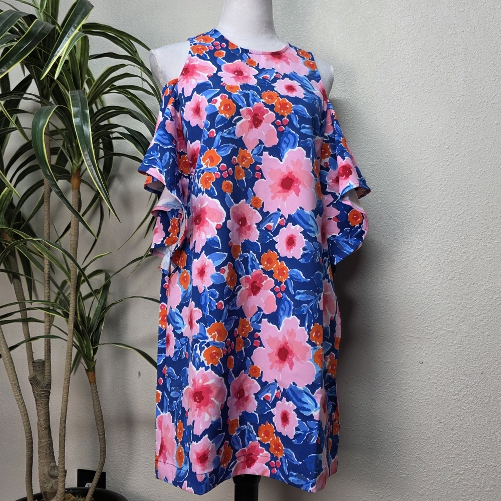 Mud Pie Floral Vibrant Blue and Pink Off The Shoulders Dress Size Small